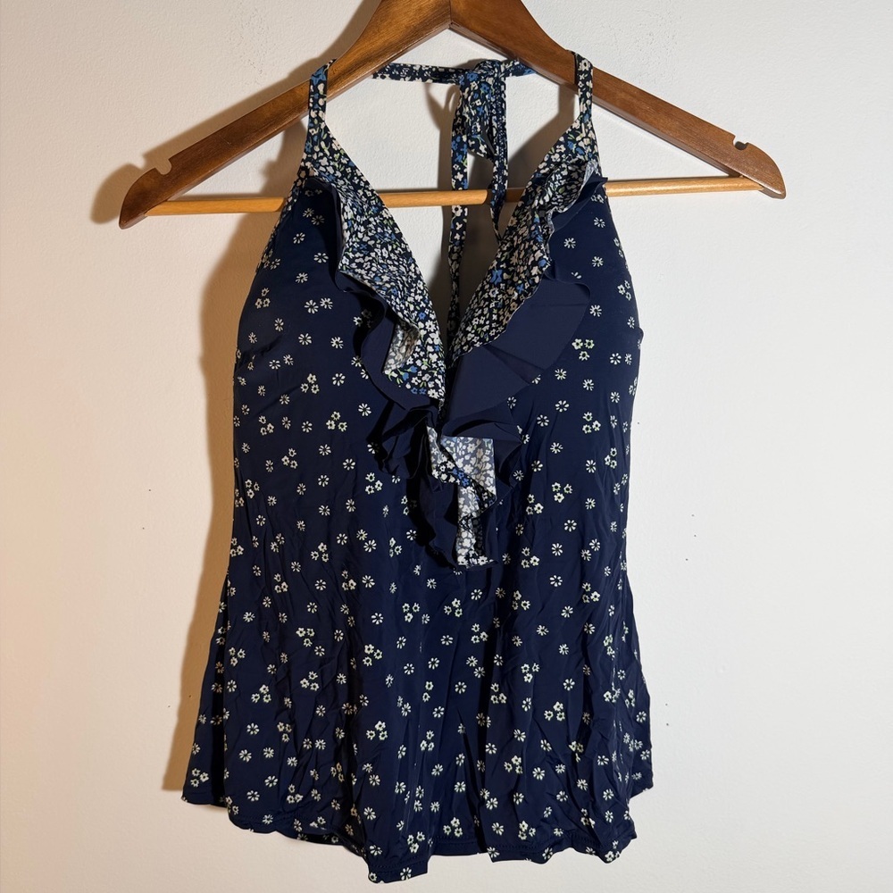 Michael Kors Navy Floral Ruffle Swim Top
